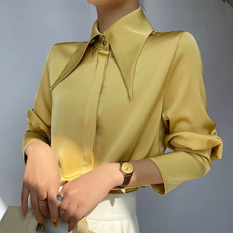 Vintage Lantern Long Sleeve Turn Down Collar Office Lady Silk Shirt