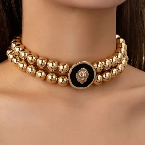 Vintage Lion Head Enamel Wedding Hip-hop Beads Necklace