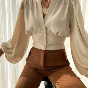 Vintage Long Lantern Sleeve Button V-neck Office Lady Lightweight Blouse