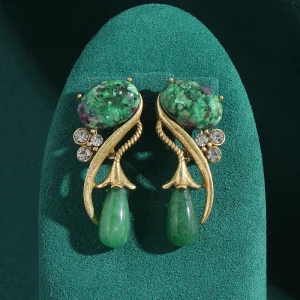 Vintage Luxury Flower Rhinestones Natural Stone Long Water Drop Earrings