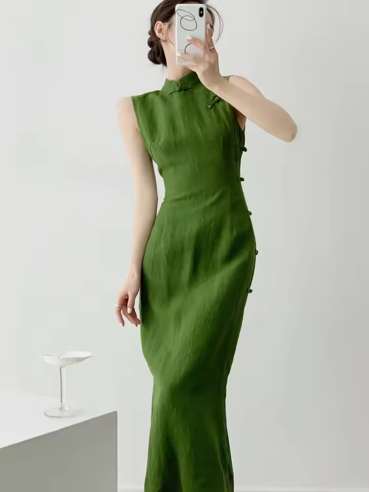 Vintage Natural Literature Art Sleeveless Waist Cinching Slit Maxi Dress