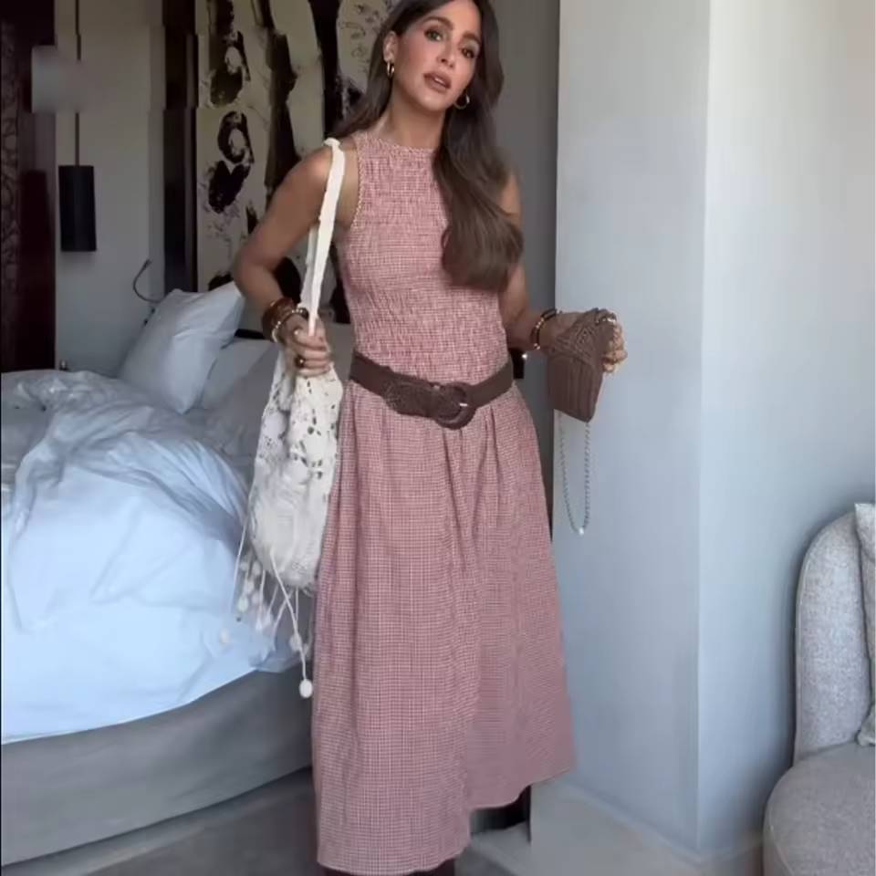 Vintage O-Neck Sleeveless Plaid Women Loose Folds Midi Dress Streetwear