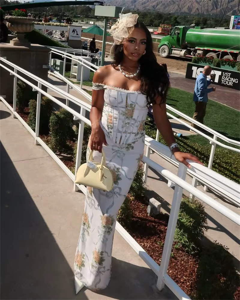 Vintage Print Off-shoulder Sleeveless A-LINE Backless Bodycon Club Maxi Dress
