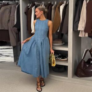 Vintage Pullover Beach Style Long O-Neck Maxi Dress Streetwear