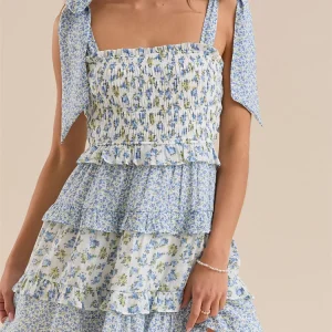 Vintage Ruffles Tie-up Strap Floral Print Square Neck High Waist Mini Dress