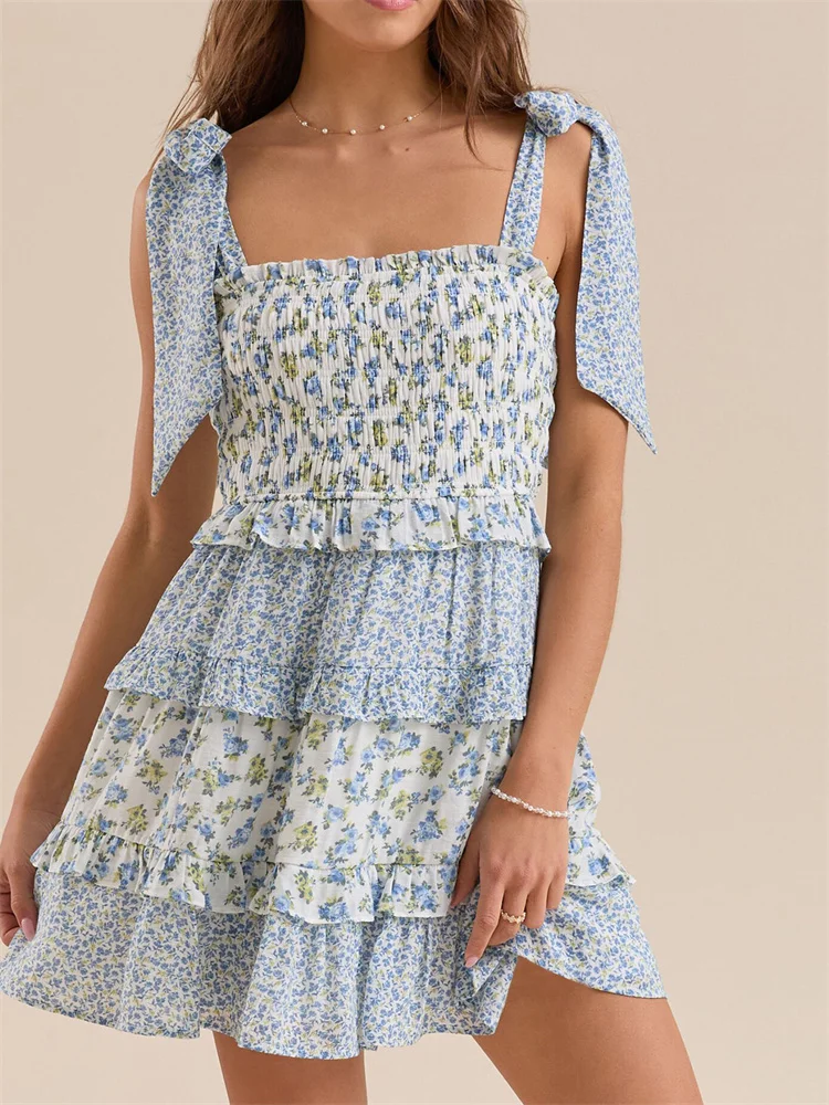 Vintage Ruffles Tie-up Strap Floral Print Square Neck High Waist Mini Dress