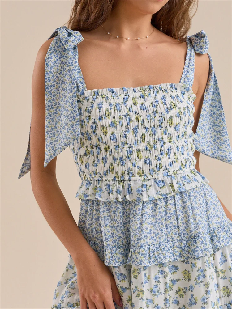 Vintage Ruffles Tie-up Strap Floral Print Square Neck High Waist Mini Dress - Image 2
