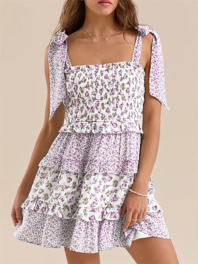 Vintage Ruffles Tie-up Strap Floral Print Square Neck High Waist Mini Dress - Image 5