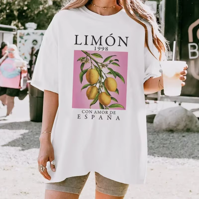 Vintage Short Sleeve West Coast Slight Stretch Lemon Fruit Printed T-Shirt