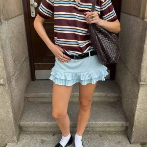 Vintage Striped Polo Collar Short Sleeve Preppy Slight Stretch T-Shirt