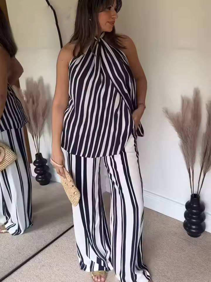 Vintage Striped Sleeveless Halter Backless Top And Wide Leg Pant 2 Piece Suits