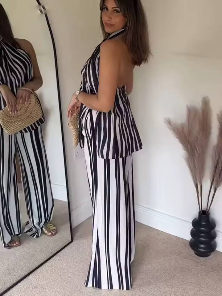 Vintage Striped Sleeveless Halter Backless Top And Wide Leg Pant 2 Piece Suits - Image 2