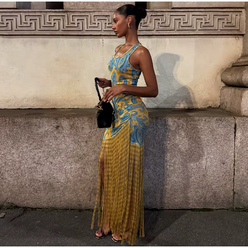 Vintage V-Neck Sleeveless Pleated Printed Tassels Slim Evening Party Long Maxi Dress