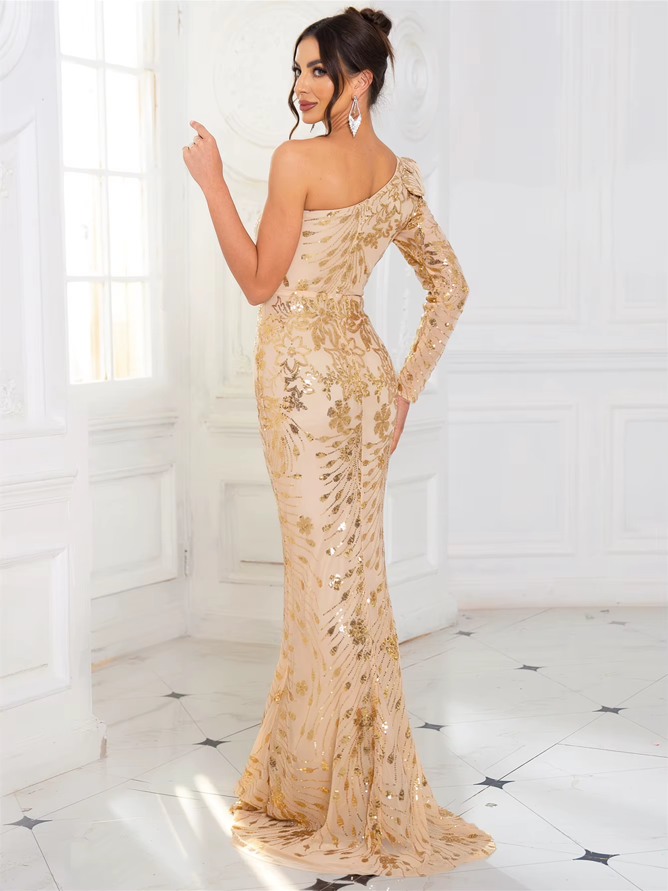 Elegant Sequined Ruffle One Shoulder Floor Length Long Sleeve Evening Event Maxi Dress - Image 8