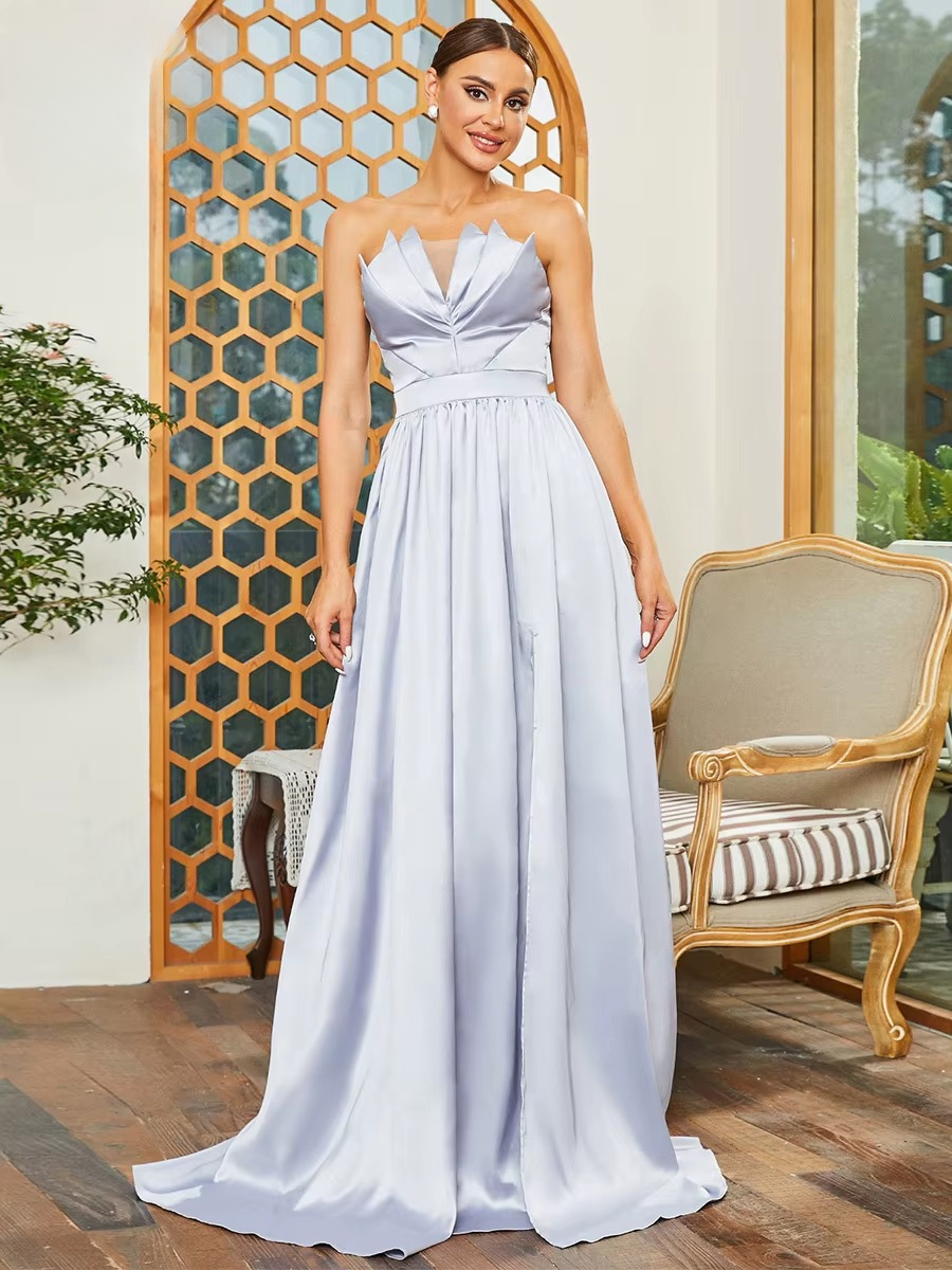 Elegant Slash Neck Strapless Split A Line Sleeveless Zipper Formal Evening Party Dress - Image 2