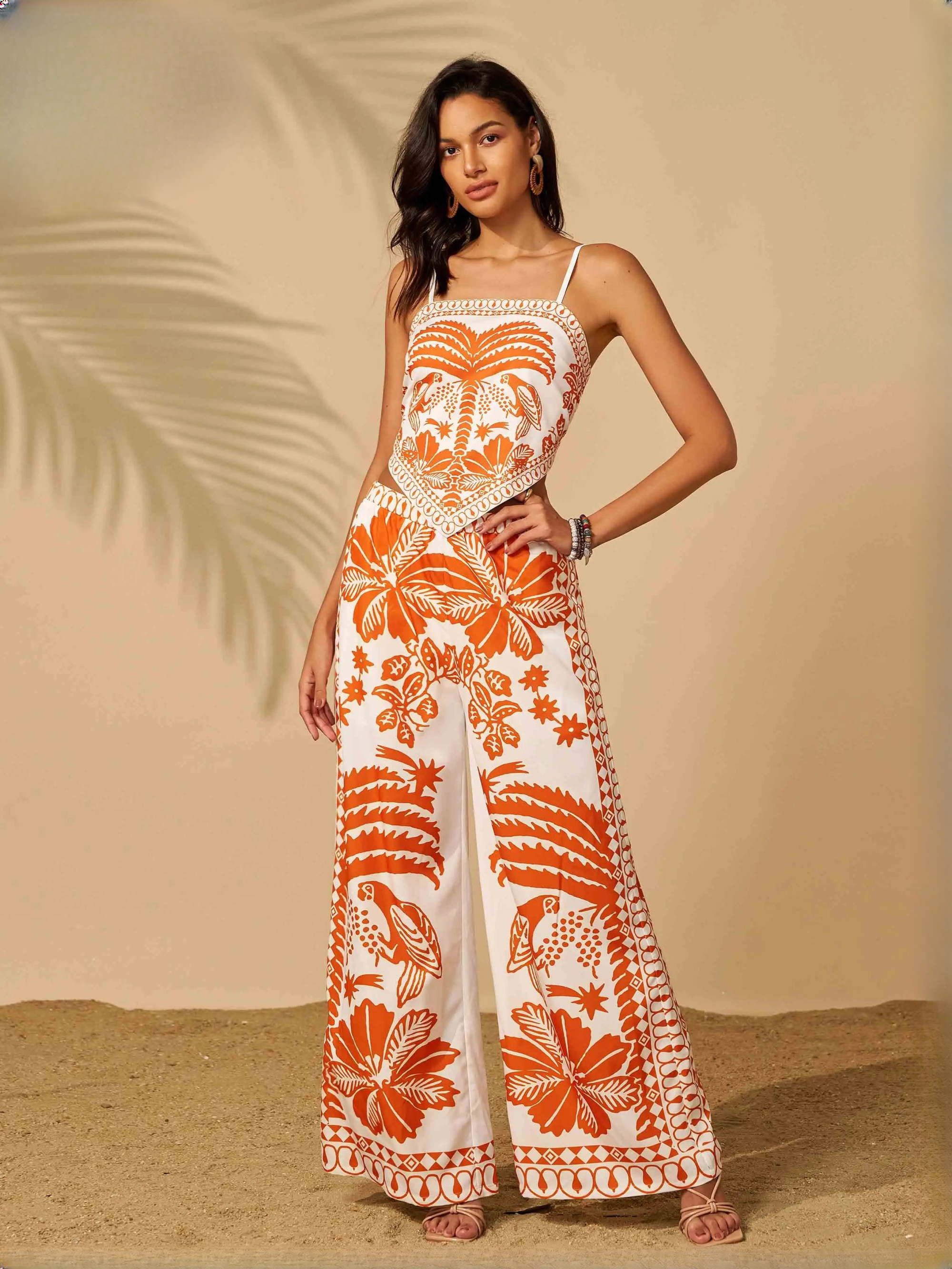 Elegant Slash Neck Trend Spaghetti Sleeveless Birthday Party Dress Beach Pants Two Piece Set