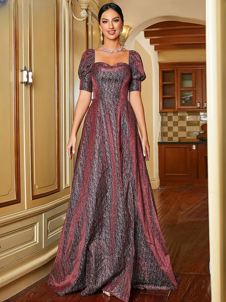 Elegant Short Sleeve Square Collar A-LINE Zipper Formal Evening Party Maxi Dresses - Image 7