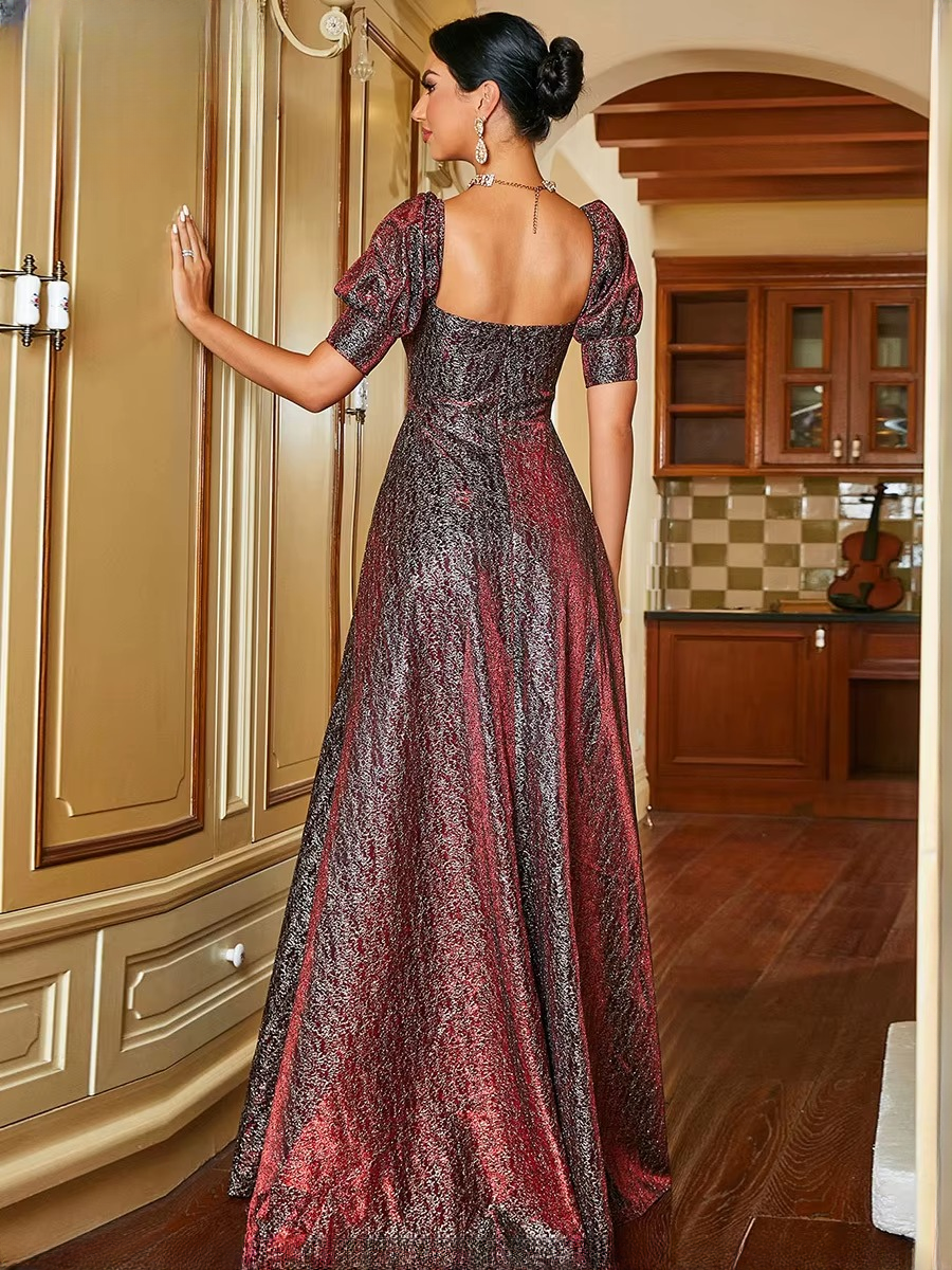 Elegant Short Sleeve Square Collar A-LINE Zipper Formal Evening Party Maxi Dresses - Image 6