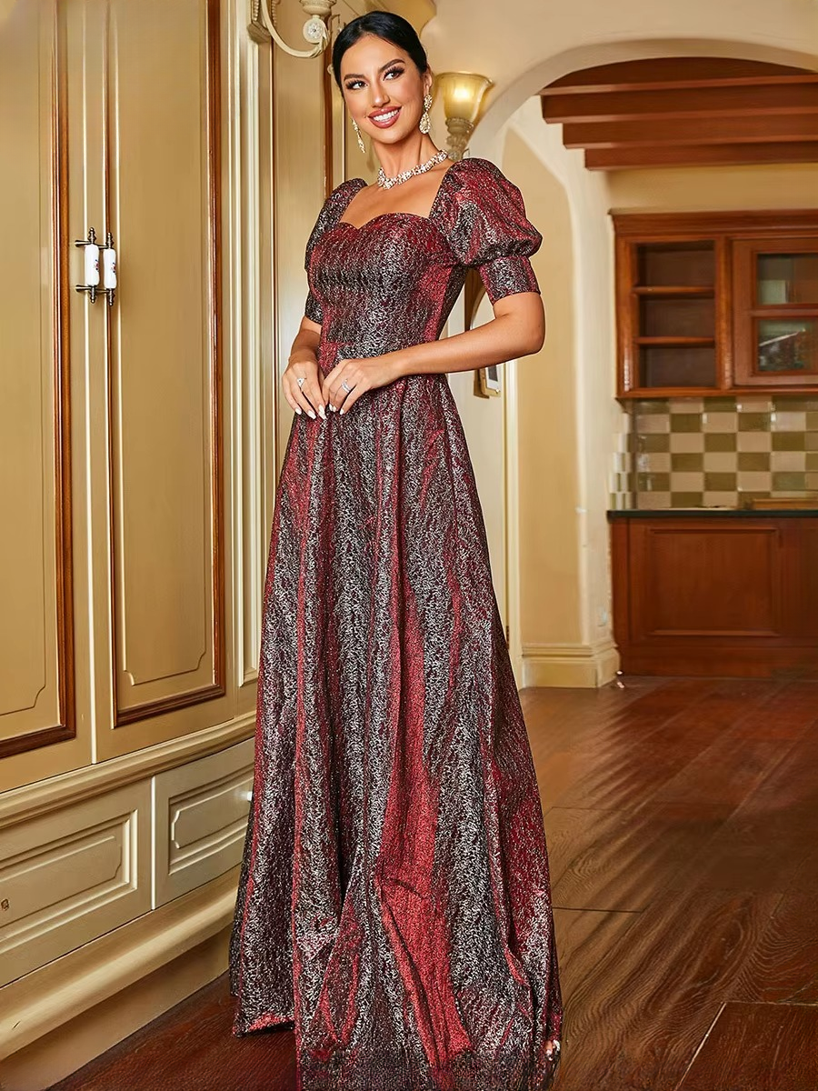 Elegant Short Sleeve Square Collar A-LINE Zipper Formal Evening Party Maxi Dresses - Image 4