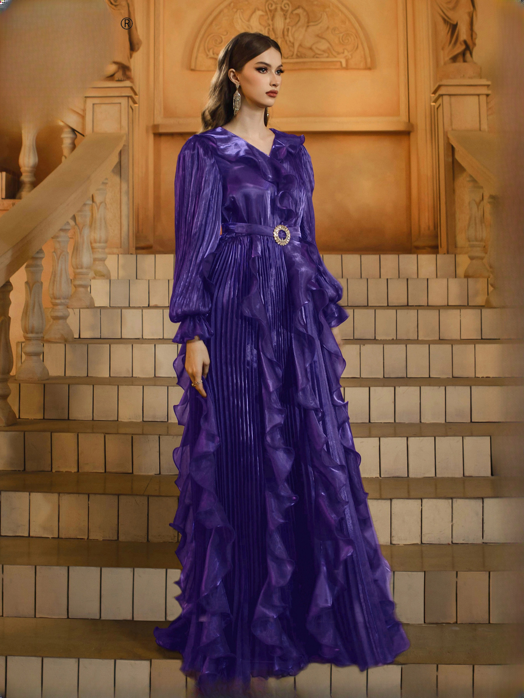 Luxury V Neck Ruffle Ruched Floor-Length Perform Maxi Dresses