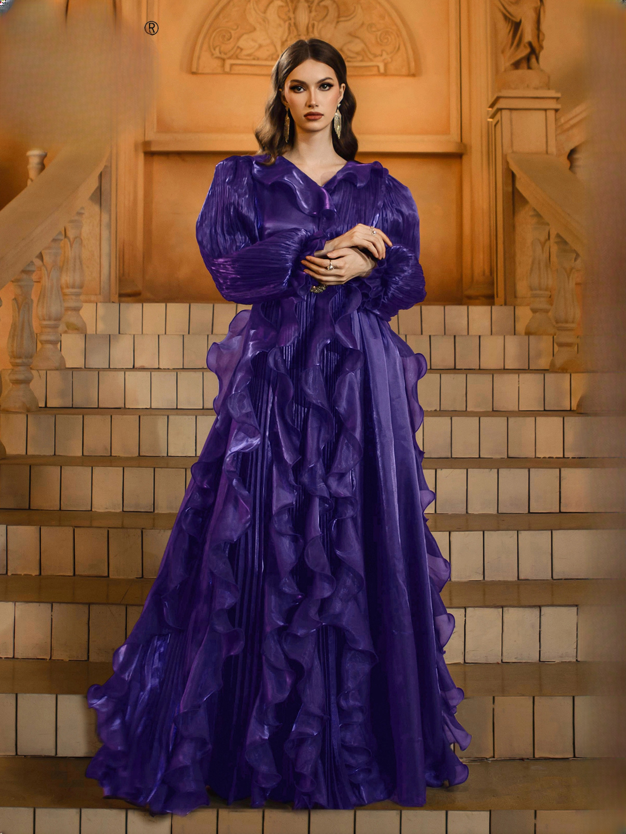 Luxury V Neck Ruffle Ruched Floor-Length Perform Maxi Dresses - Image 5