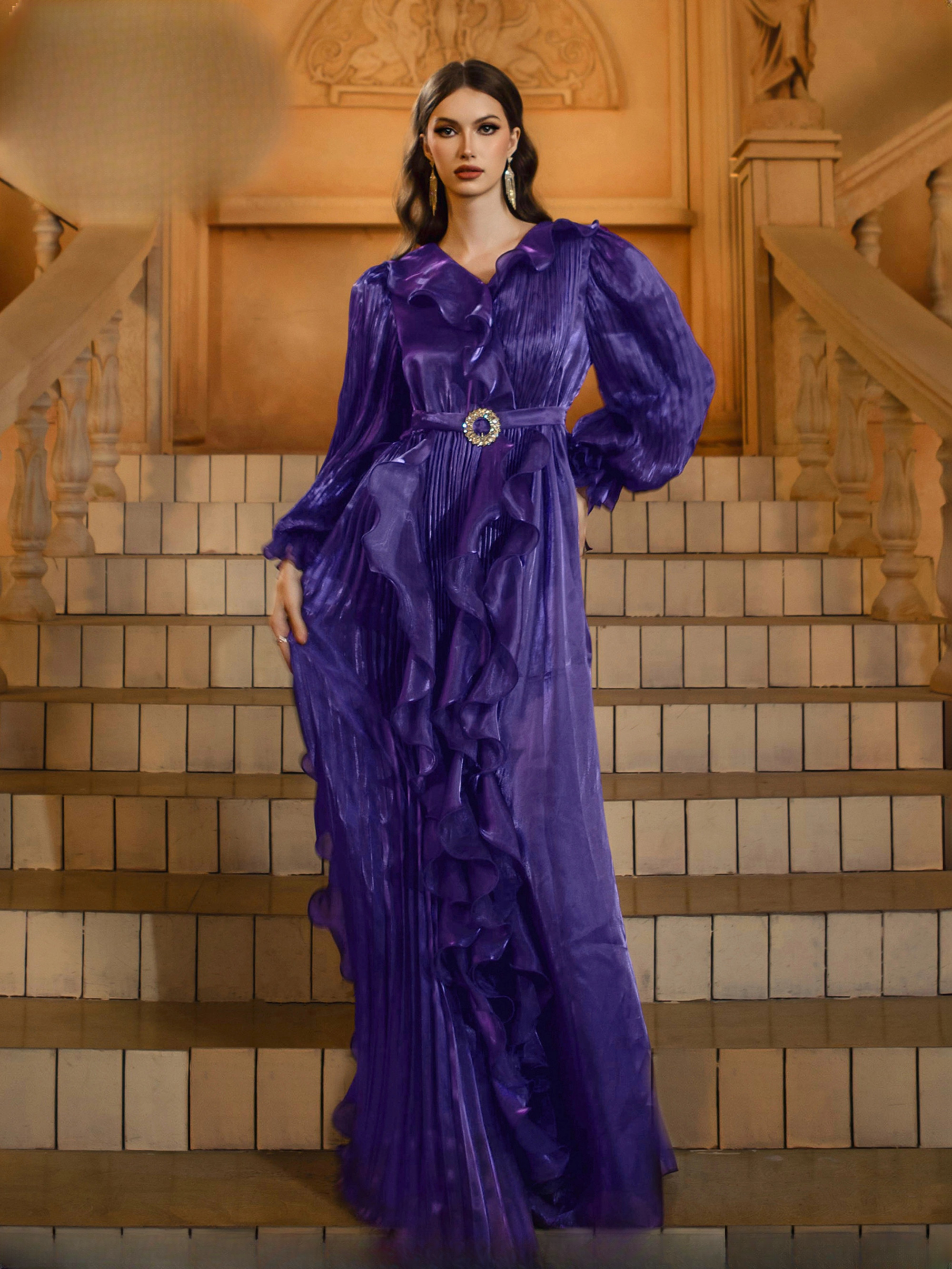 Luxury V Neck Ruffle Ruched Floor-Length Perform Maxi Dresses - Image 3