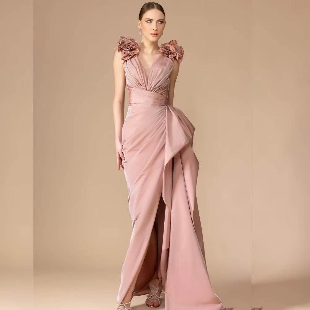 Classic Pleat Flower A-line V-neck Sleeveless Cocktail Long Maxi Dresses