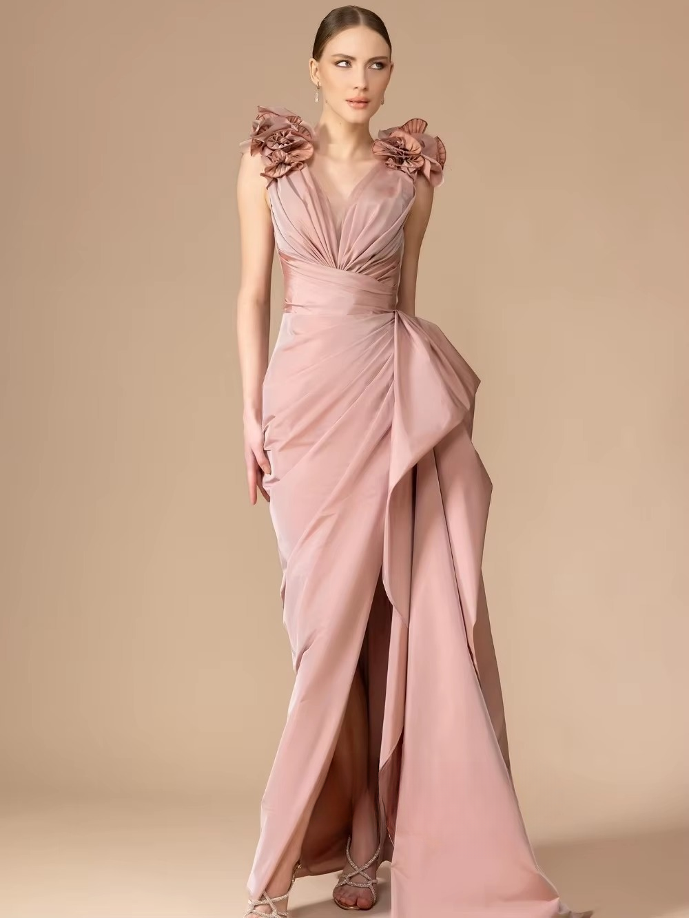 Classic Pleat Flower A-line V-neck Sleeveless Cocktail Long Maxi Dresses - Image 2