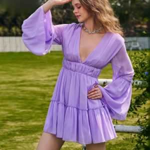 Elegant zipper V Neck Flare Sleeve Above Knee Mini Dresses