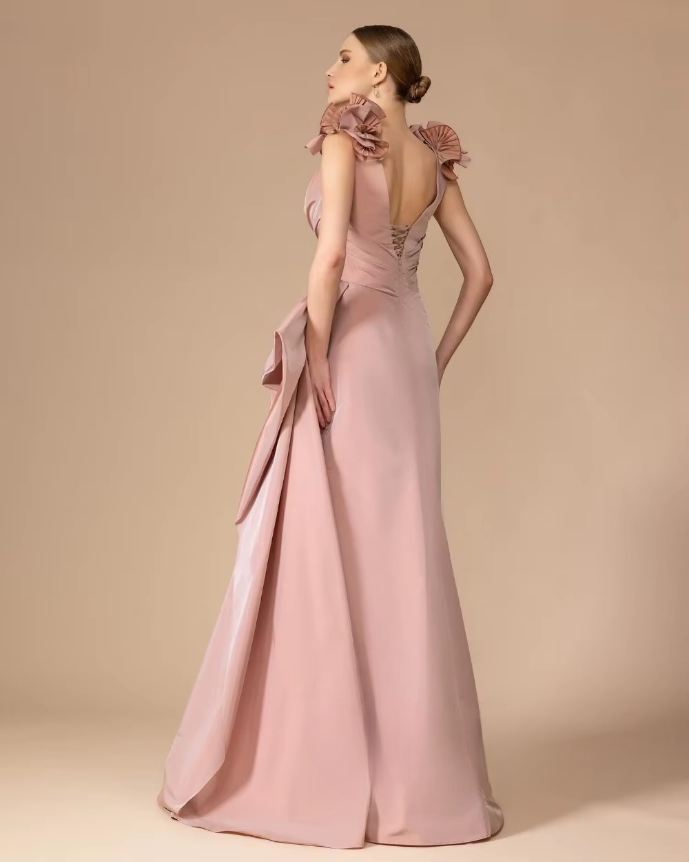 Classic Pleat Flower A-line V-neck Sleeveless Cocktail Long Maxi Dresses - Image 3