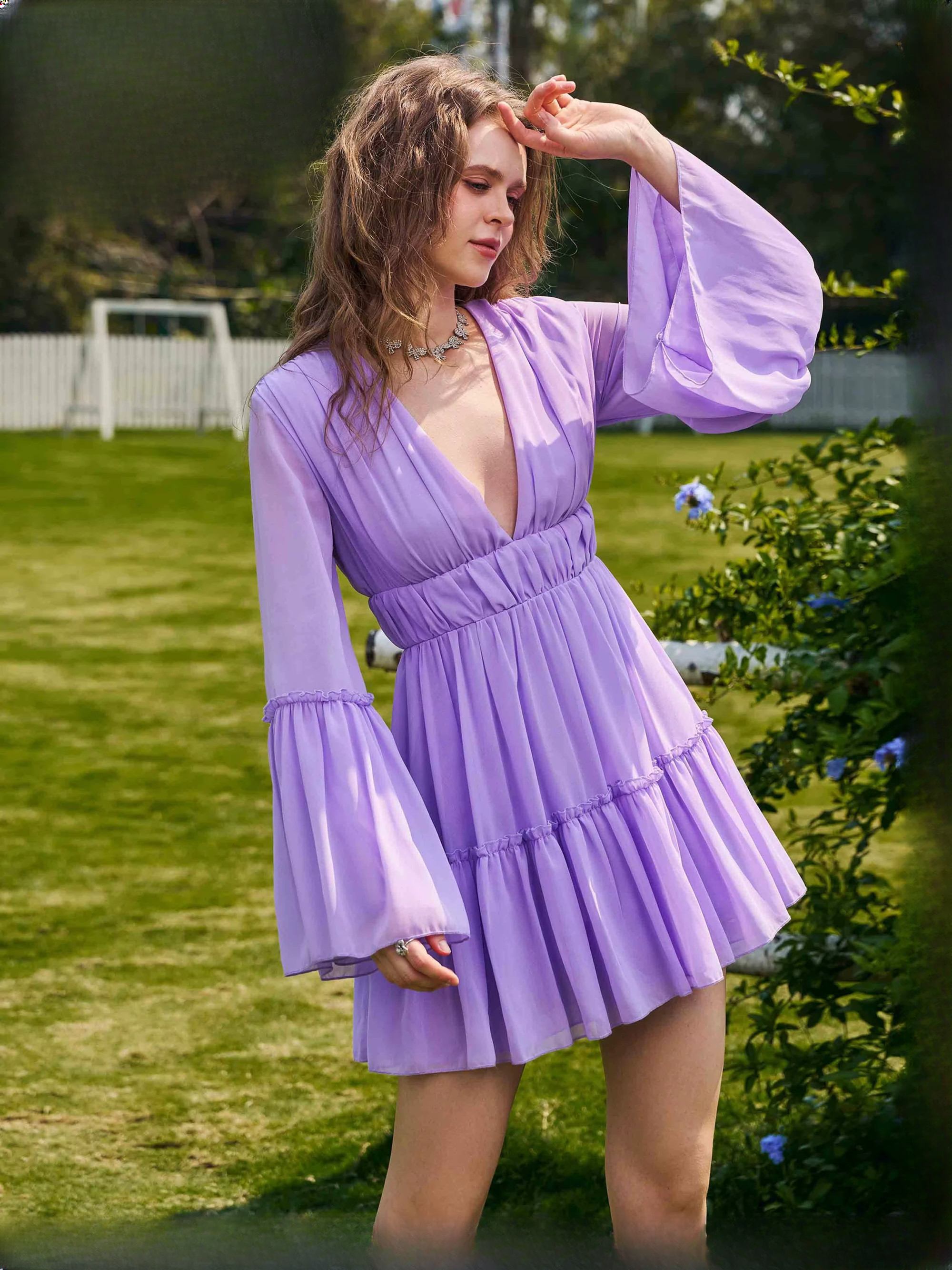 Elegant zipper V Neck Flare Sleeve Above Knee Mini Dresses - Image 3