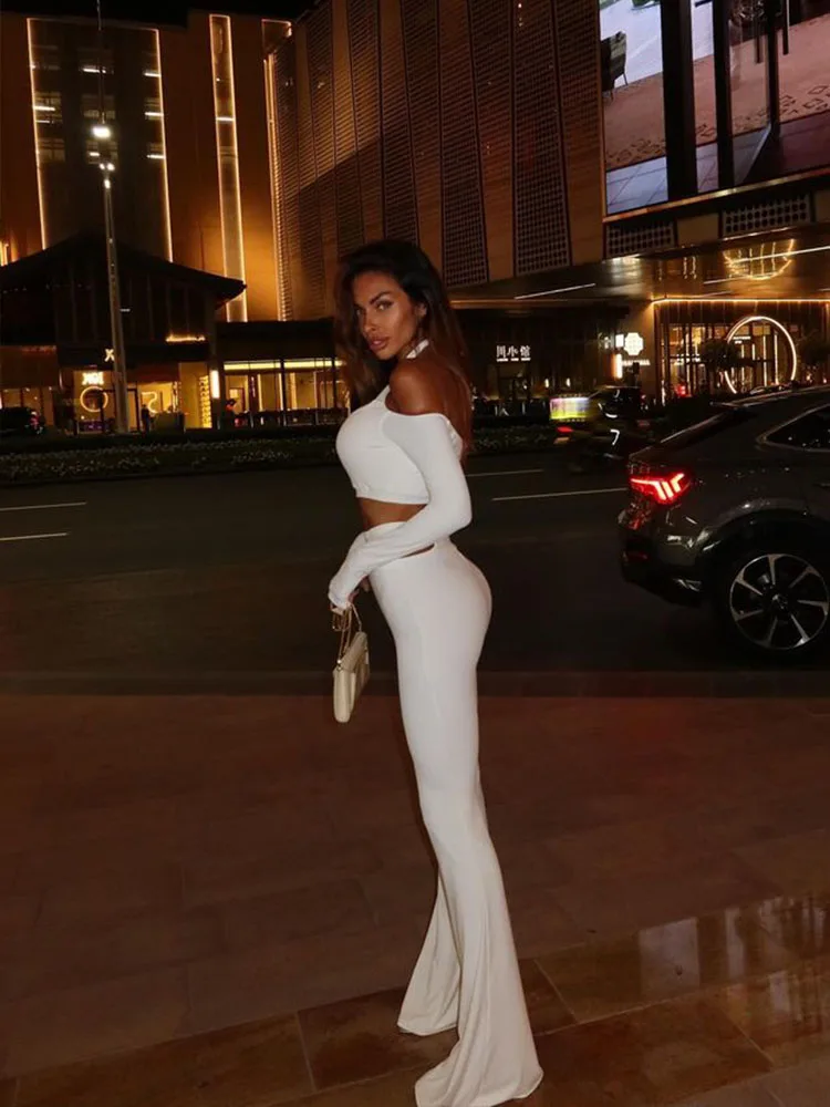 Sheath Sleeves Slash Neck Crop Top And Skirt Solid Hollow Out Slim Fit 2 Piece Suit - Image 9