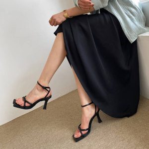 Elegant Buckle Strap Narrow Band Ankle Strap High Square Toe Heel Sandals