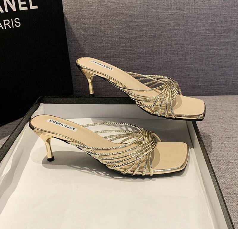 Concise Rubber Narrow Band Evening Square Heel Party Sandals - Image 14