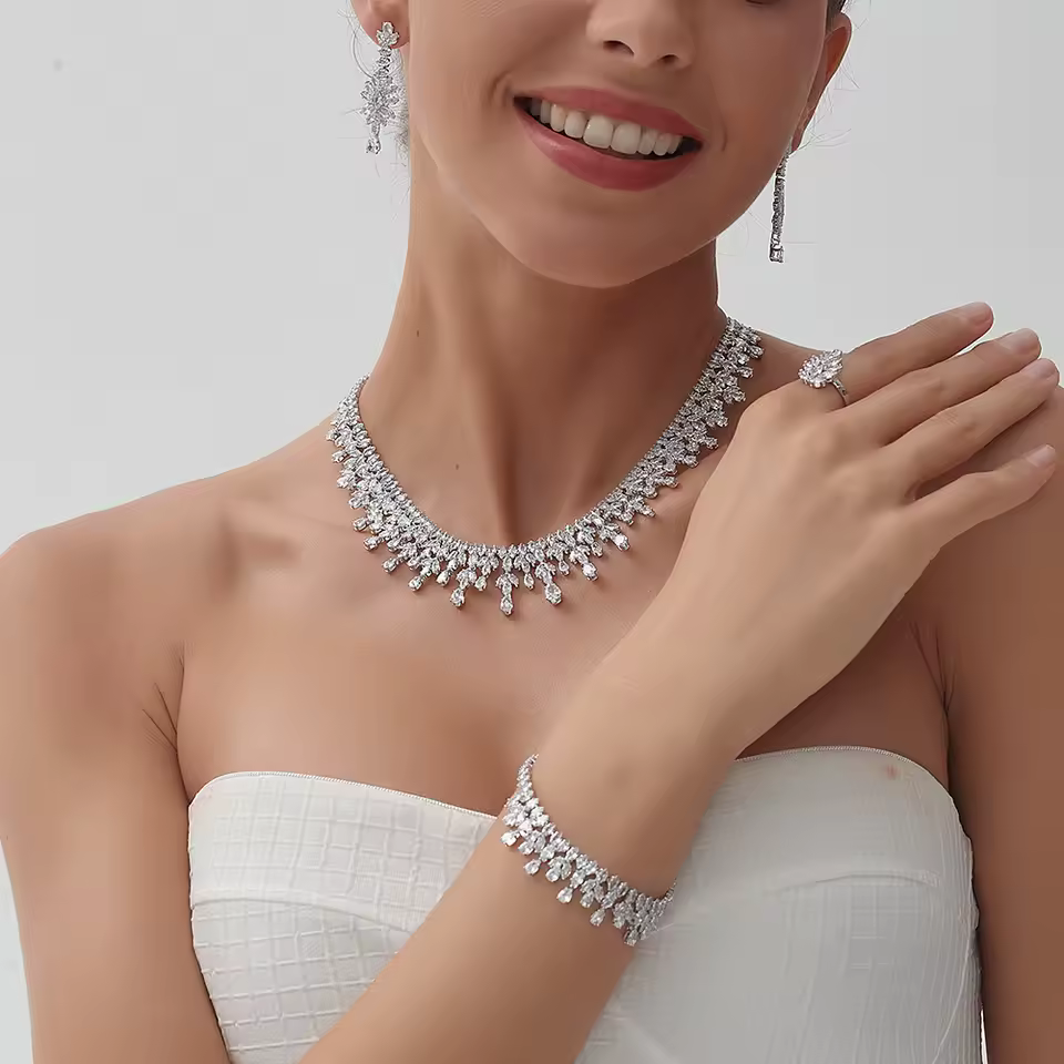 Romantic Cubic Zirconia Leaf Design Bridal Necklace Earring Water Drop 4PCS Jewelry Sets