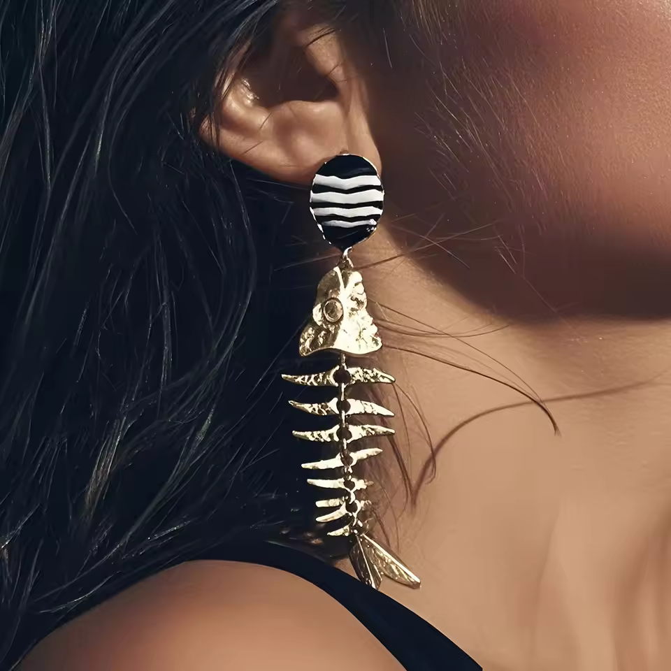 Vintage Animal Shape Metal Fishbone Shaped Beach Party Drop Earrings