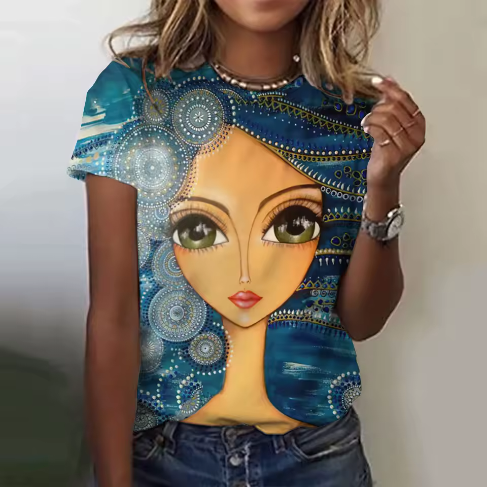 3d Floral Face Painting Colorful Beautiful Short Sleeve Tees Oversized Clothing