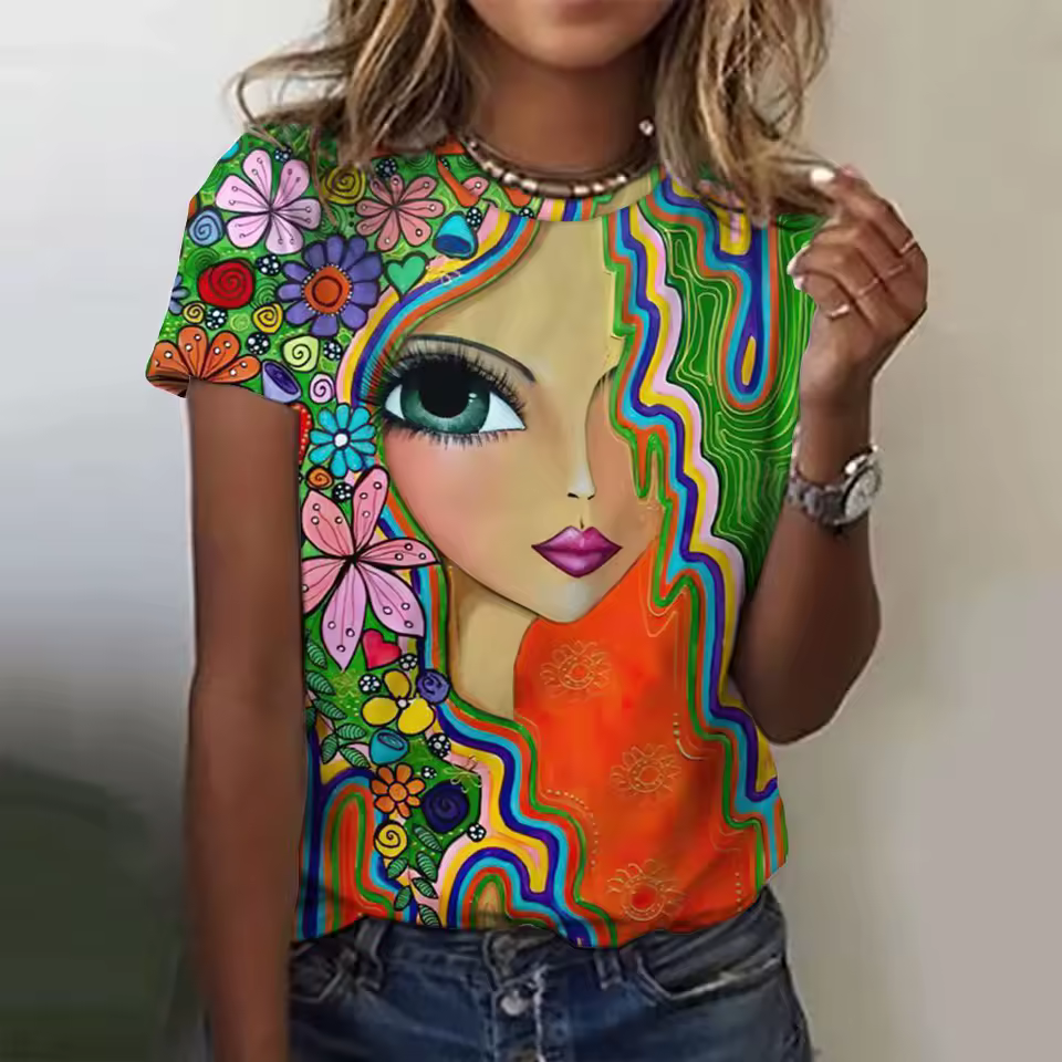 3d Floral Girls Face Painting Short Sleeve Tees Oversized T-Shirts