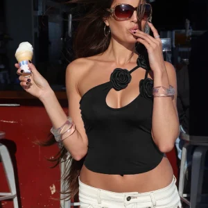 3d Flower Backless Low-Neck Slim Slanted Shoulder Trend Midnight Simple Classic Vest Top