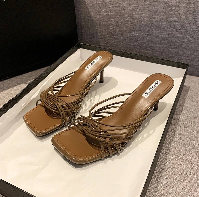 Concise Rubber Narrow Band Evening Square Heel Party Sandals - Image 7