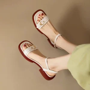 Basic Genuine Leather Concise Office Style Outdoor Low Heels Sandals
