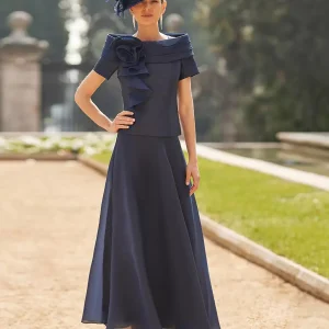 Bateau Neck Short Sleeves Two-piece Flowers Ankle-Length Wedding Guest Mother Dresses