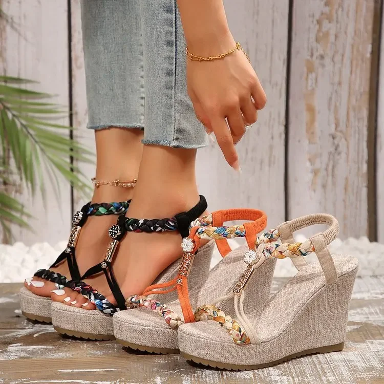 Beach Style Slip-On Mesh Thick Sole Clip Toe Design High Heels Sandals - Image 11