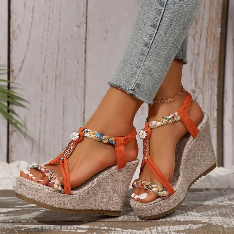 Beach Style Slip-On Mesh Thick Sole Clip Toe Design High Heels Sandals - Image 10