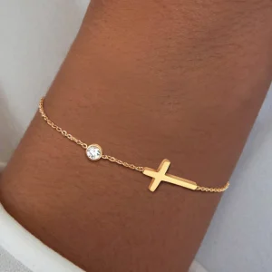 Birthstone Zirconia Thin Chain Link Cross Stainless Steel Adjustable Link Stacked Layered Chain Bracelet