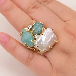 Bohemia Bezel Setting Plant Natural Keshi Pearl Amazonite Stone Plated Adjustable Ring