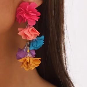 Bohemia Exaggerated Boho Cloth Simulation Flowers Tassel Drop DangLe Earrings