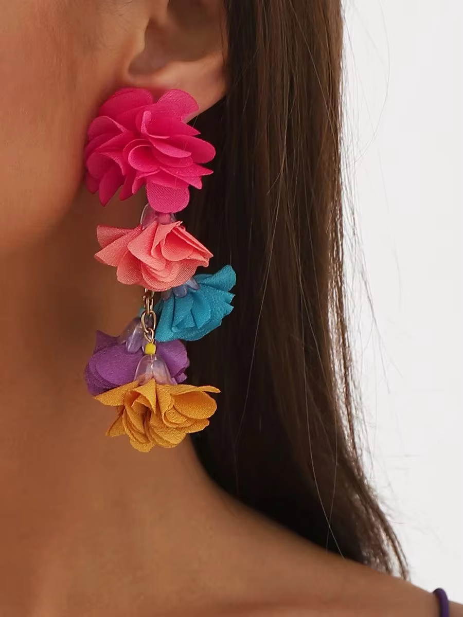 Bohemia Exaggerated Boho Cloth Simulation Flowers Tassel Drop DangLe Earrings