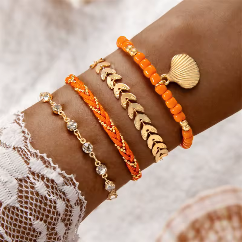 Bohemia Shell Ethnic Style Colorful Zircon Rice Beads Metal Chain Bangles Bracelets