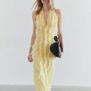 Bohemian Butter Halter Neck Ruffled Events Maxi Dress